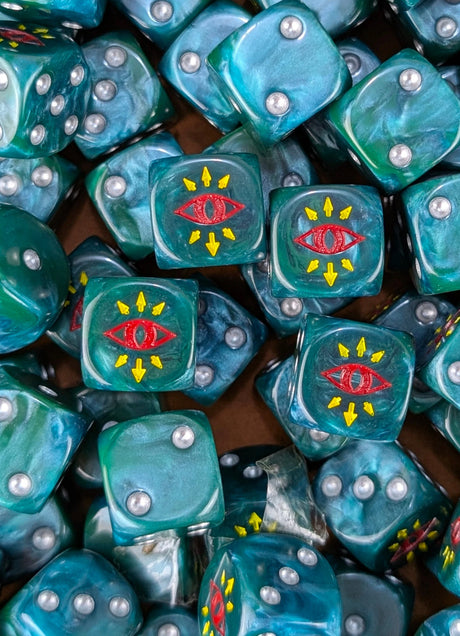 Pile of green traitor eye 16mm D6 dice for a sci-fi chaos army