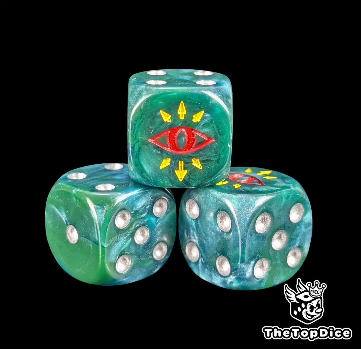Close up of a green 16mm resin D6 die engraved with a red eye ringed in yellow chaos spikes