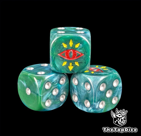 Close up of a green 16mm resin D6 die engraved with a red eye ringed in yellow chaos spikes