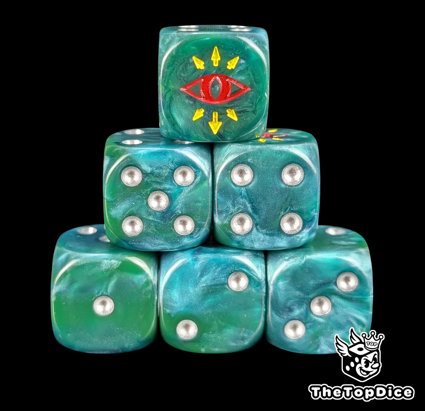 Green 16mm D6 dice with a red traitor eye emblem and silver pips for sci-fi wargaming