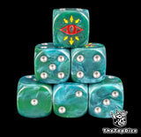 Green 16mm D6 dice with a red traitor eye emblem and silver pips for sci-fi wargaming