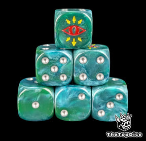 Green 16mm D6 dice with a red traitor eye emblem and silver pips for sci-fi wargaming