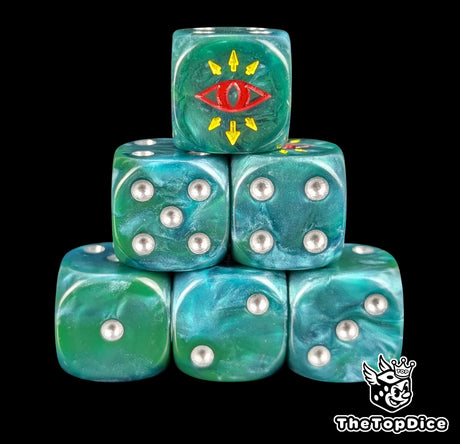 Green 16mm D6 dice with a red traitor eye emblem and silver pips for sci-fi wargaming