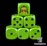 Green 16mm D6 dice with a black gas mask helm and gold eagle emblem and black pips for sci-fi wargaming