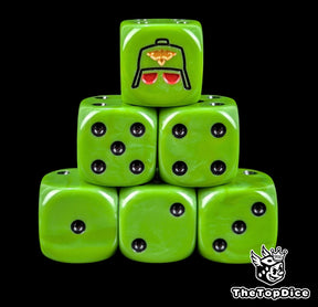 Green 16mm D6 dice with a black gas mask helm and gold eagle emblem and black pips for sci-fi wargaming