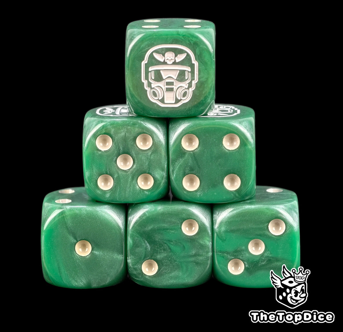 Six green Kasrkin D6 stacked, bone pips and a white visored helm