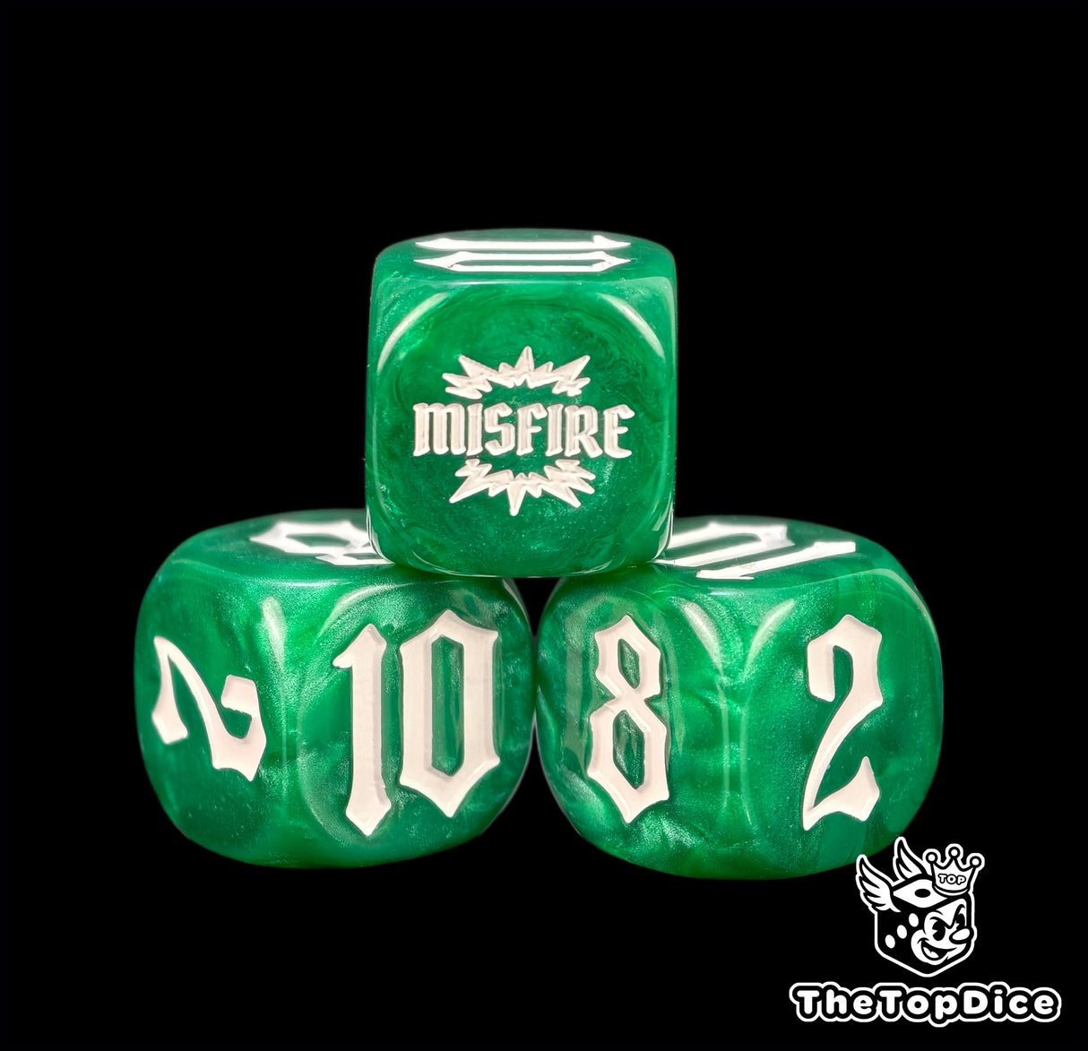 White numerals cut deep into four green 16mm dice, an explosion crowning the pile