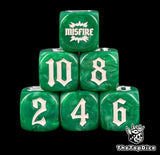 Emerald green artillery dice stacked six high, 2, 4 and 6 across the bottom row