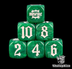 Emerald green artillery dice stacked six high, 2, 4 and 6 across the bottom row