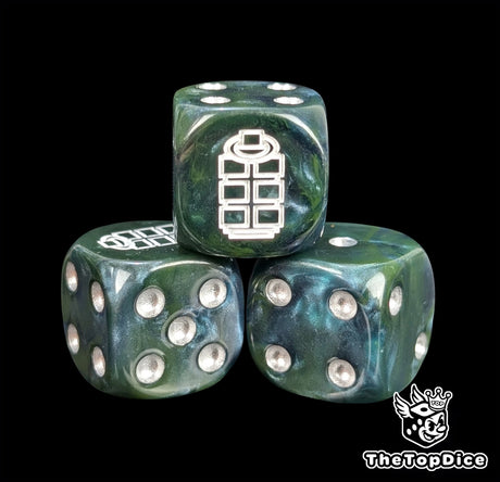 Close-up of a green D6 die with a white grenade emblem