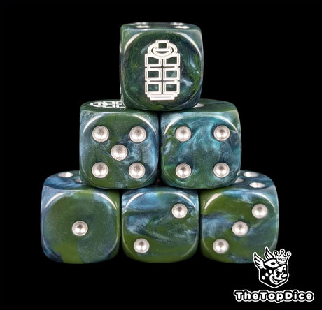 Green and blue resin D6 dice with a white grenade emblem and silver pips