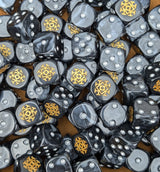 Pile of grey dwarf rune 16mm D6 dice for a dwarf fantasy miniature army