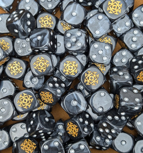Pile of grey dwarf rune 16mm D6 dice for a dwarf fantasy miniature army