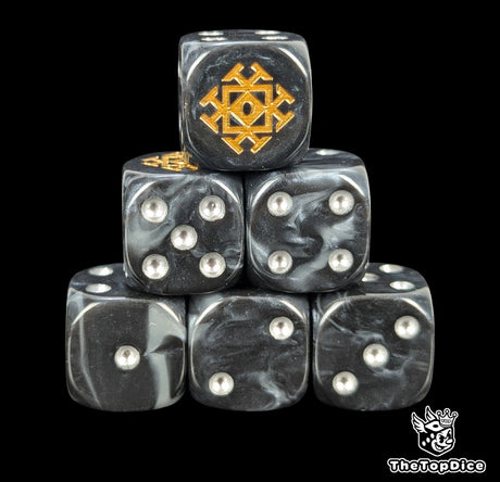 Grey and black 16mm D6 dice with a gold throne rune emblem and silver pips for epic fantasy wargames