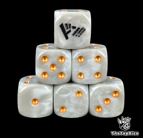 Grey 16mm D6 counter dice with gold pips for anime pirate TCG