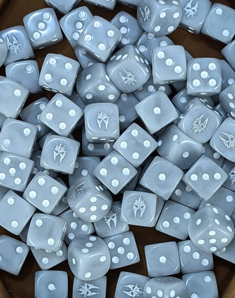 Pile of grey shadow wraith 16mm D6 dice for a dark fantasy miniature army