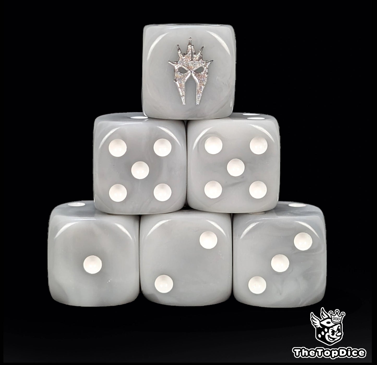 Grey 16mm D6 dice with a silver wraith helm emblem and white pips for epic fantasy wargames