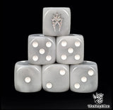 Grey 16mm D6 dice with a silver wraith helm emblem and white pips for epic fantasy wargames