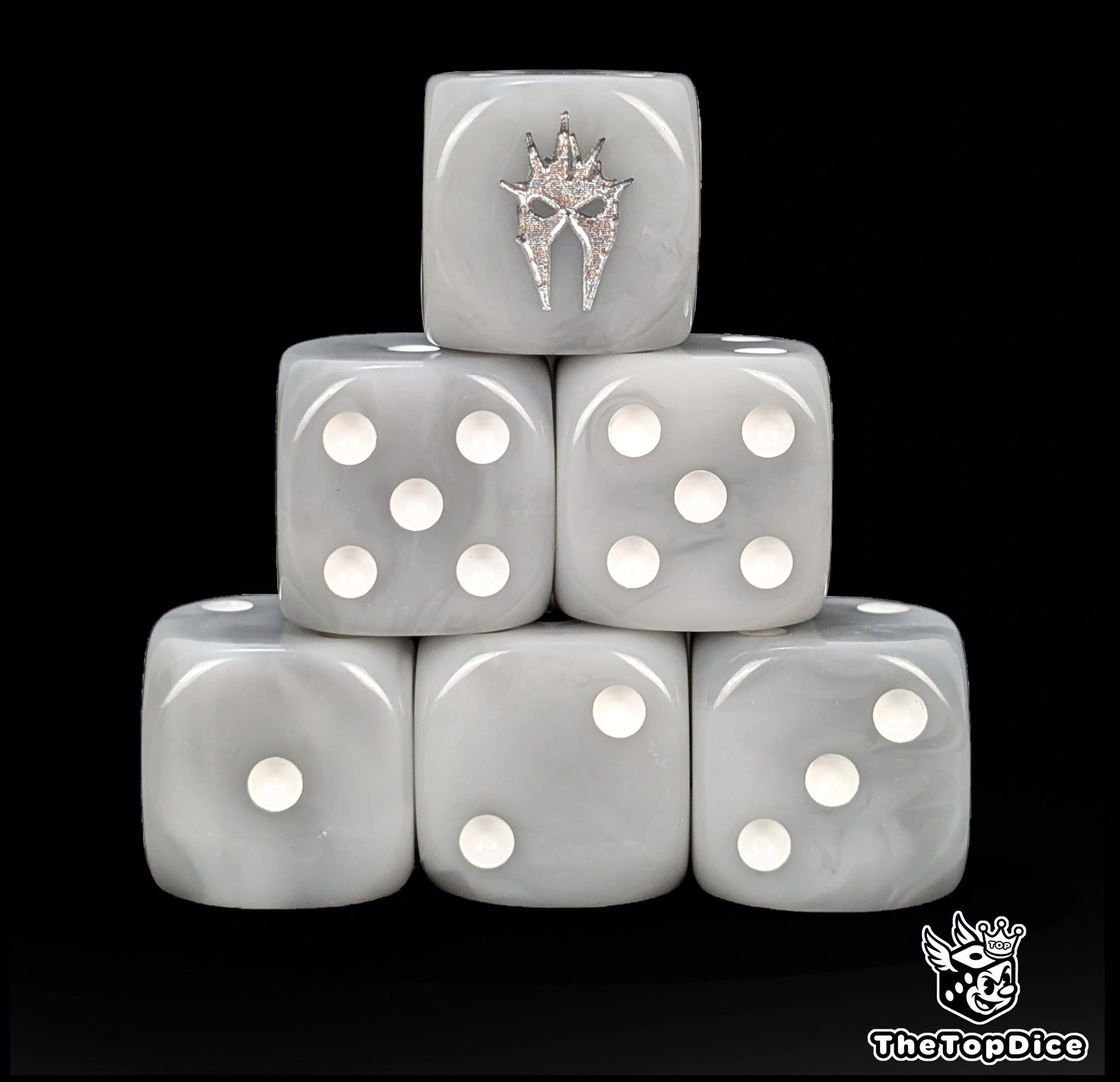 Grey 16mm D6 dice with a silver wraith helm emblem and white pips for epic fantasy wargames