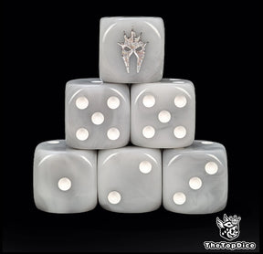 Grey 16mm D6 dice with a silver wraith helm emblem and white pips for epic fantasy wargames