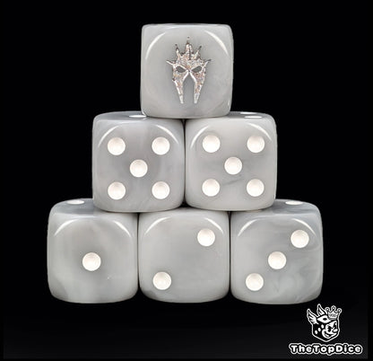 Grey 16mm D6 dice with a silver wraith helm emblem and white pips for epic fantasy wargames