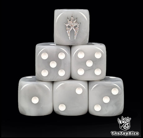 Grey 16mm D6 dice with a silver wraith helm emblem and white pips for epic fantasy wargames