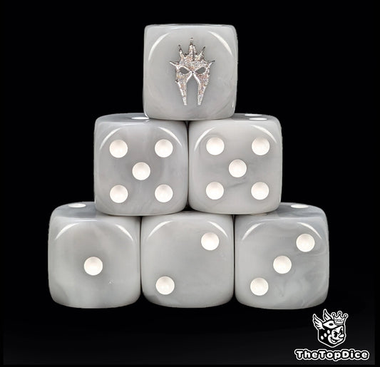 Grey 16mm D6 dice with a silver wraith helm emblem and white pips for epic fantasy wargames