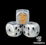 Close up of a silver grey 16mm resin D6 die engraved with a skull and gold sigil and black pips