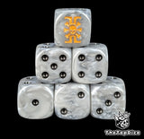 Silver grey 16mm D6 dice with a skull and gold sigil emblem and black pips for sci-fi wargaming