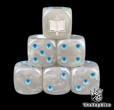 Grey 16mm D6 dice with a white tome and sword emblem and blue pips for sci-fi wargaming