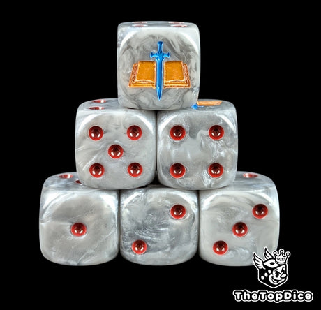 Grey 16mm D6 dice with a gold tome and blue blade emblem and red pips for sci-fi wargaming