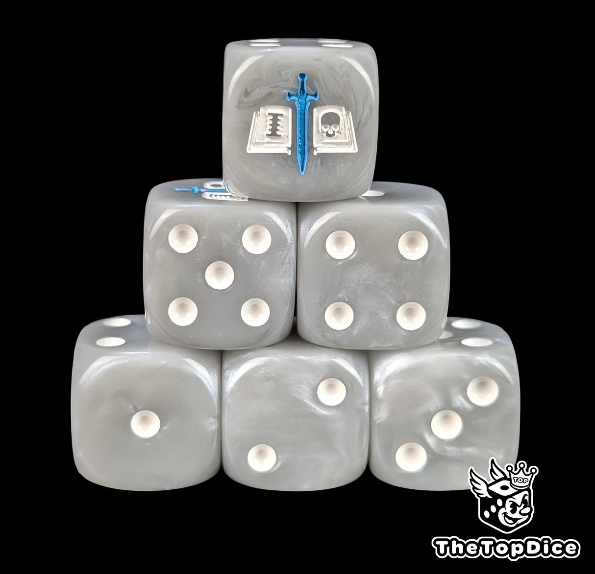 Grey resin D6 dice with a white tome and blue sword emblem and white pips