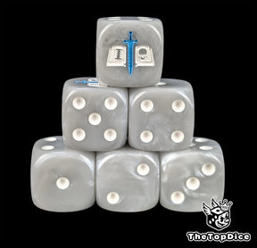 Grey resin D6 dice with a white tome and blue sword emblem and white pips