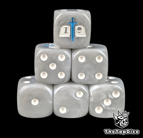 Grey resin D6 dice with a white tome and blue sword emblem and white pips