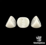 Grey 16mm D3 dice seen from close, hand painted digits standing out