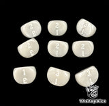 Three rows of three warm grey D3 dice, white numbers 1 to 3 engraved