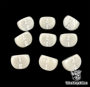 Three rows of three warm grey D3 dice, white numbers 1 to 3 engraved