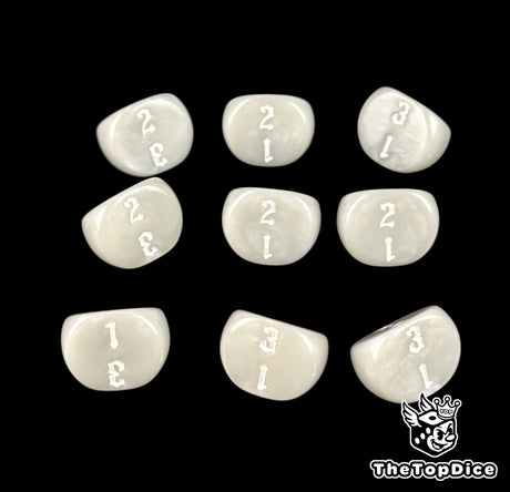 Three rows of three warm grey D3 dice, white numbers 1 to 3 engraved