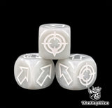 White edges holding sharp against grey resin, three 16mm scatter dice at close range