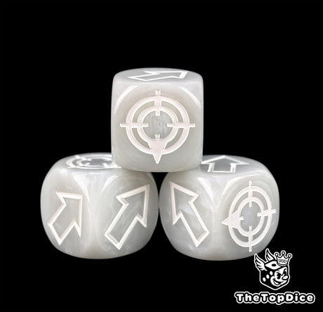White edges holding sharp against grey resin, three 16mm scatter dice at close range