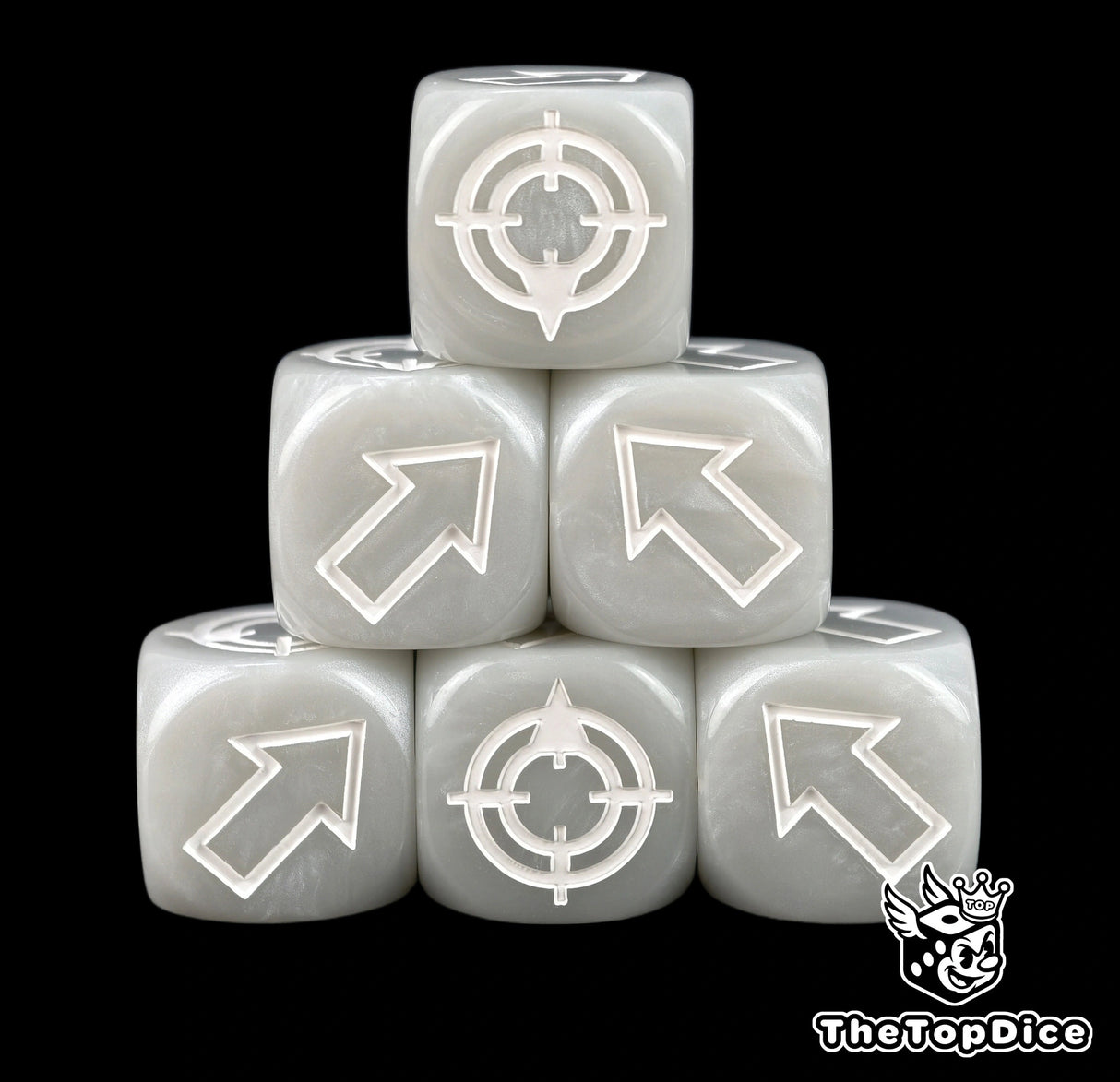 Gunmetal grey scatter dice in a stack of six, white arrows crisp on a quiet body