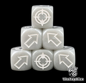 Gunmetal grey scatter dice in a stack of six, white arrows crisp on a quiet body