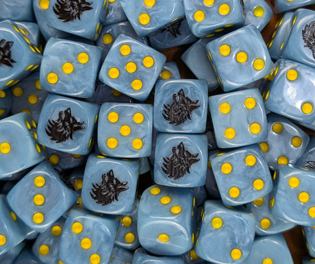 Pile of grey blue wolf head 16mm D6 dice for a sci-fi wolf army