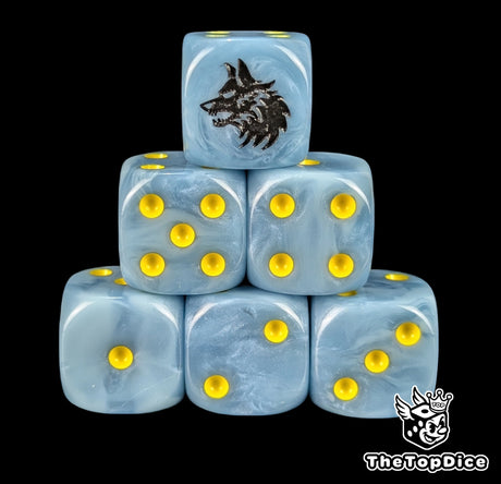 Grey blue 16mm D6 dice with a black wolf head emblem and yellow pips for sci-fi wargaming