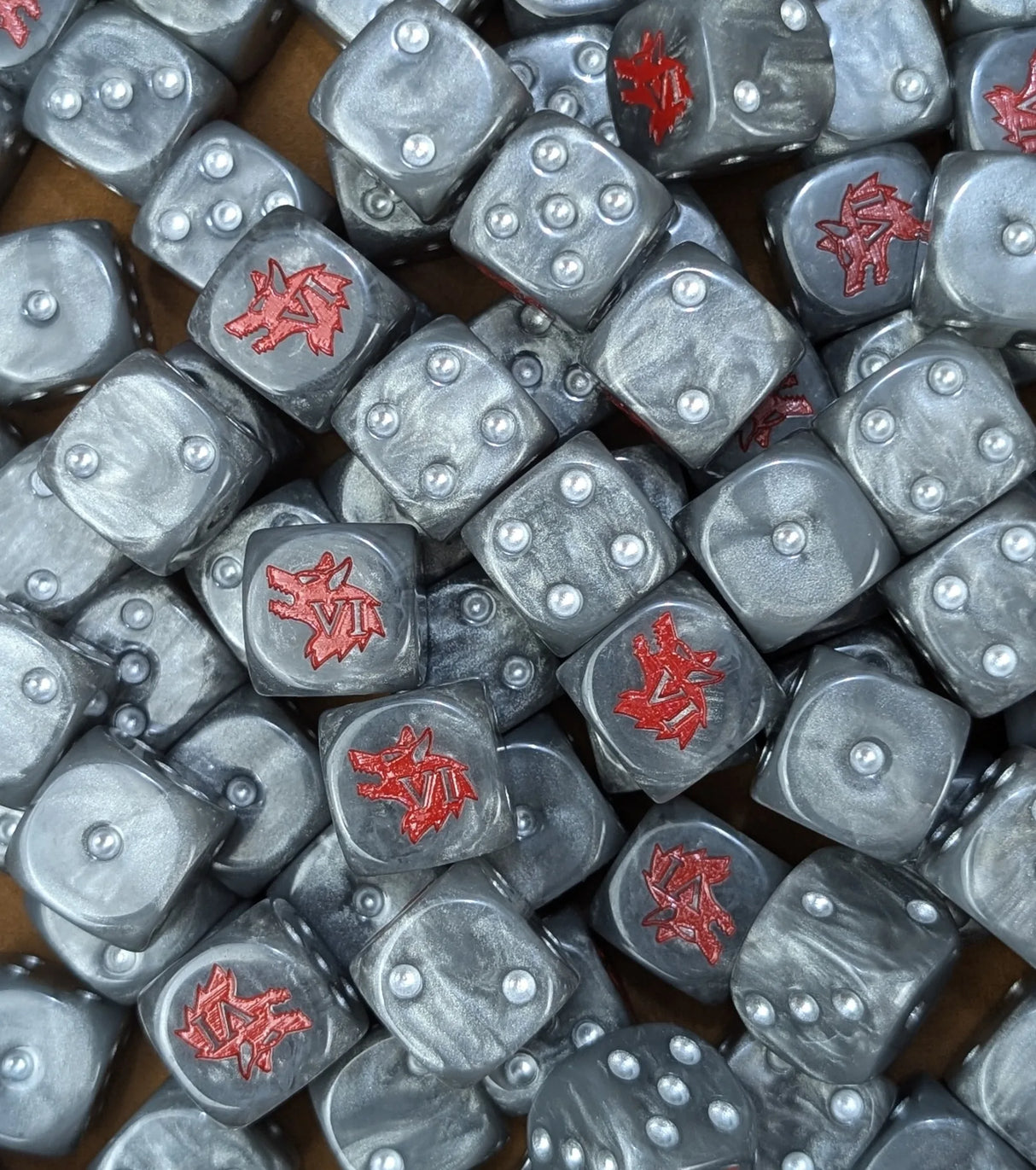 Pile of grey wolf 16mm D6 dice for a sci-fi wolf legion