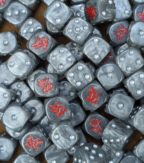 Pile of grey wolf 16mm D6 dice for a sci-fi wolf legion