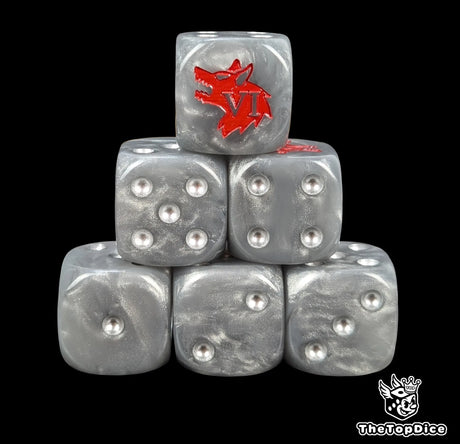 Grey 16mm D6 dice with a red wolf emblem and silver pips for sci-fi wargaming