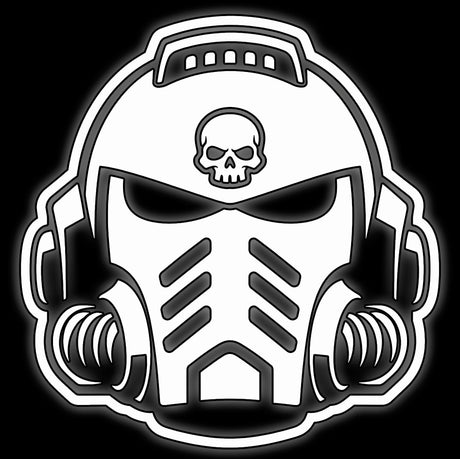 Power armour helmet with skull badge and grille, white on black, grimdark era 16mm army dice