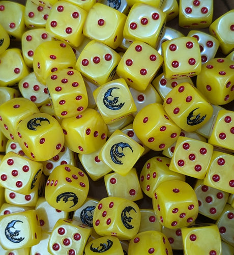Pile of yellow grinning moon 16mm D6 dice for a fantasy goblin horde