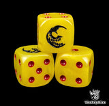 Close up of a yellow 16mm resin D6 die engraved with a black grinning crescent moon and red pips